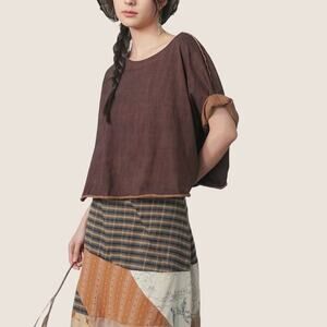 Vintage Boho Loose Fit Linen Top – Oversized Boxy Blouse with Rolled Sleeves